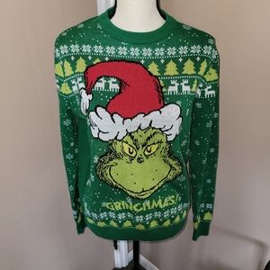 Dr. Seuss Green Grinch Crewneck Sweater with Red Santa Hat